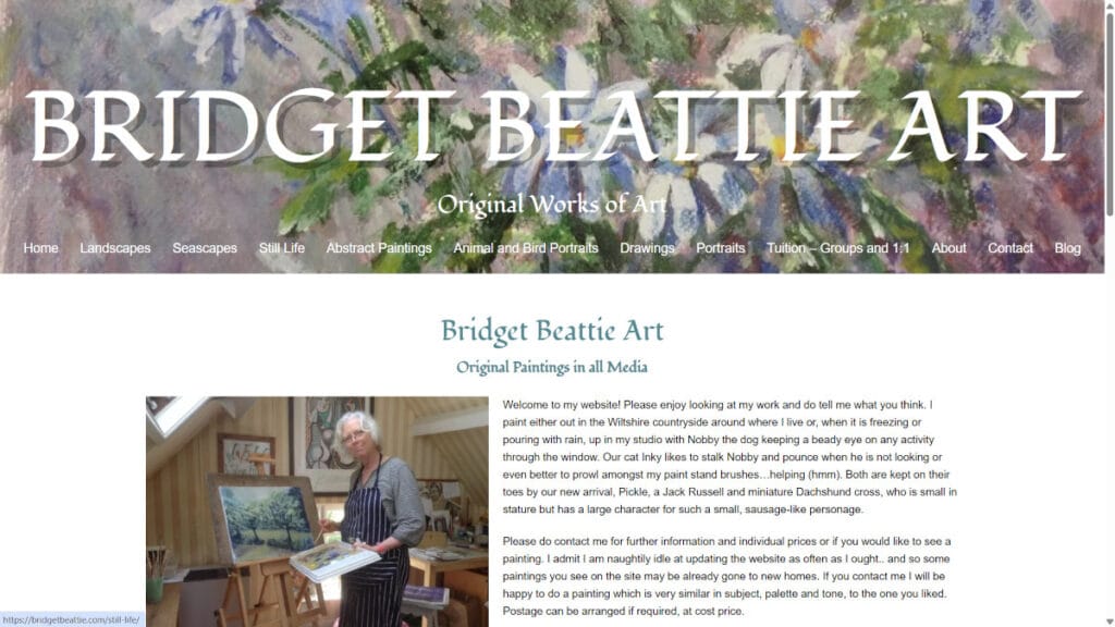 Bidget Beattie Art home page. Website design by Warminster Web