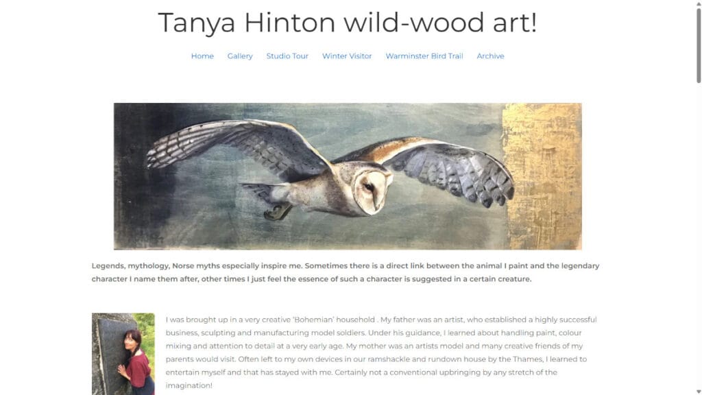 Tanya Hinton wild-wood art home page. Website design by Warminster Web